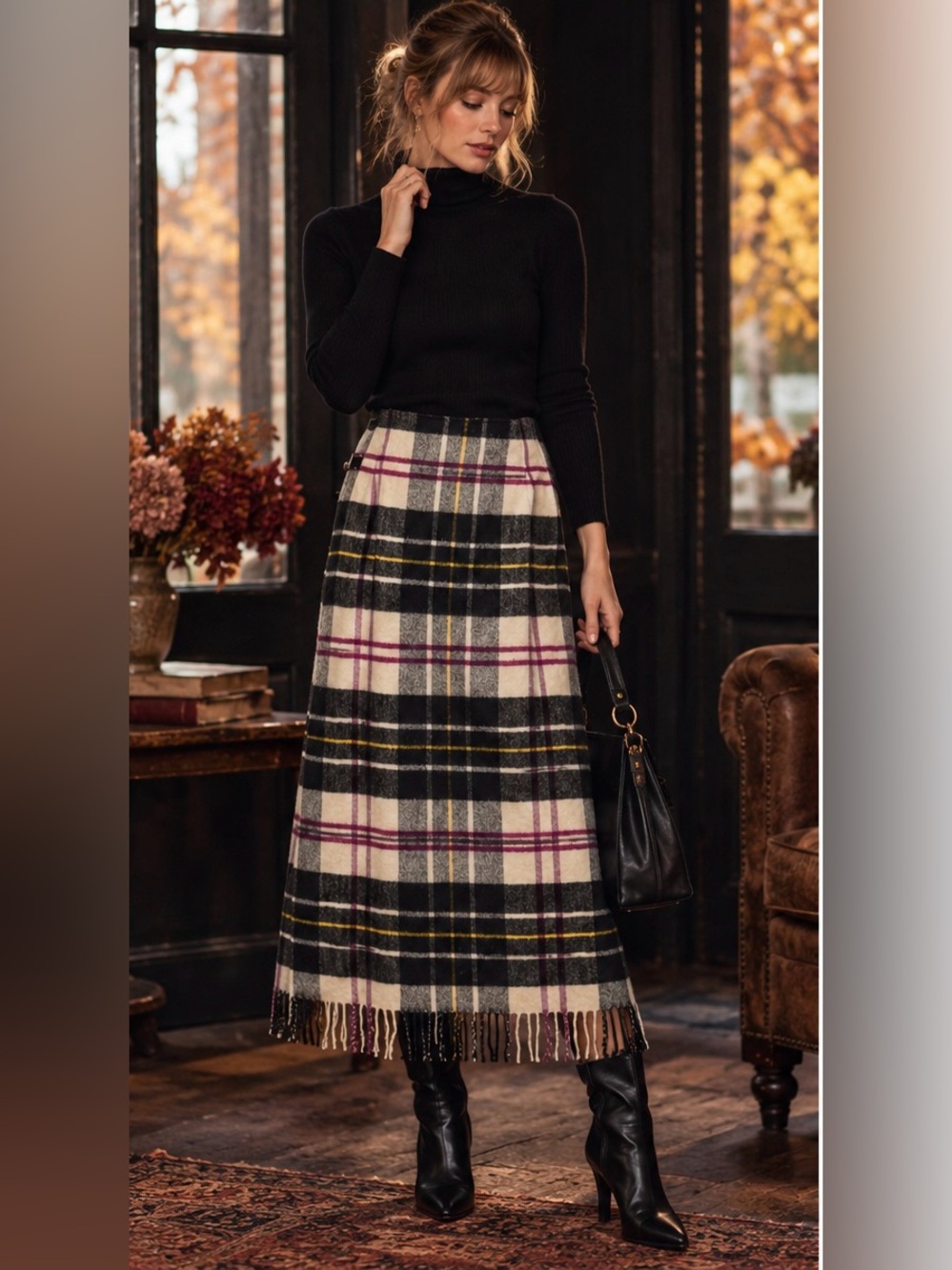 VINTAGE Cashmere Wool Plaid Fringe Maxi Skirt Fall Autumn Tartan Wrap